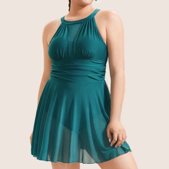 NWT! Bloomchic Green Knotted Back Mesh Insert Swim Dress One Piece Swimsuit 28 - Picture 2 of 11